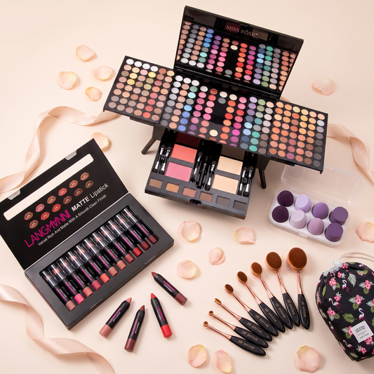 Grand Coffret Glow Nova — coffret maquillage, 12 rouges à lèvres, pinceaux, éponges et trousse imperméable